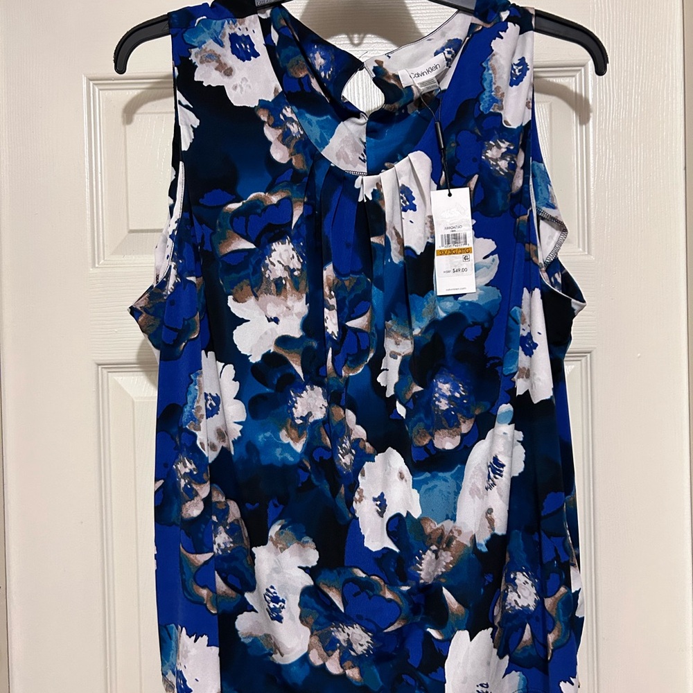 Calvin Klein Blue and White Sleeveless Blouse